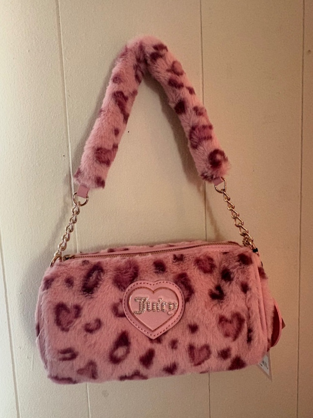 Juicy Couture Pink Leopard Fluffy Faux Fur Barrel Plush Shoulder Bag